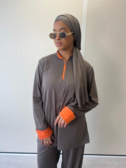 BURKINI TAUPE ( manches orange )